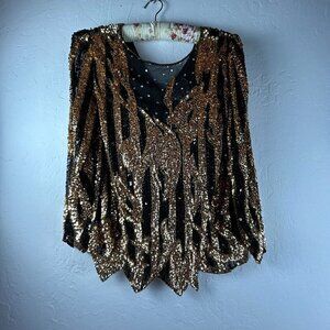 Vintage 1980s Sho Max Originals Sequin Beaded Silk Sheer Blouse Small Black Gold